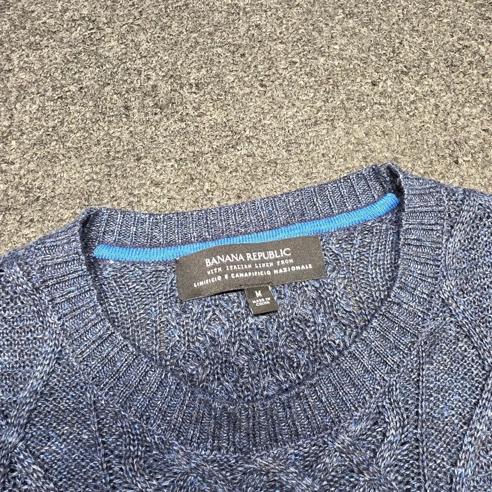Banana Republic Sweater Blue Mens Medium Cable Knit Linificio Linen Crewneck